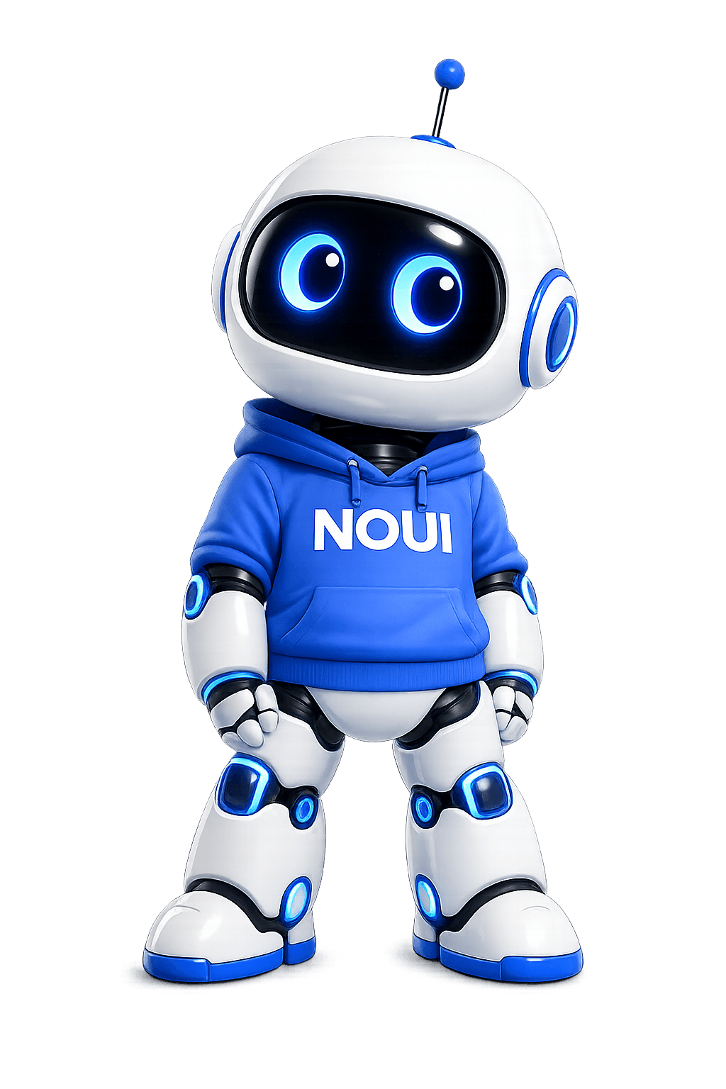 NOUI — a friendly blue-and-white robot mascot